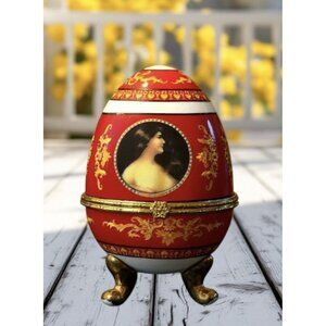 Pretty Red, Gold Porcelain Egg Box With Cameos On Gold Legs